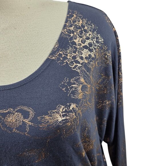 Kim & Cami Womens XL Gray Metallic Gold Floral Top Rayon Stretch Batwing Dolman - Picture 2 of 7